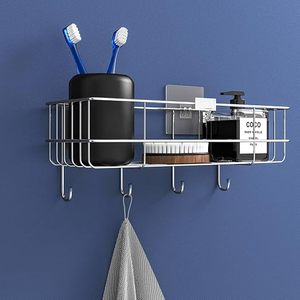 Étagère murale en métal avec crochets pour serviettes de bain et porte-brosse à dents, design minimaliste, résistant à la rouille - Product Image 6