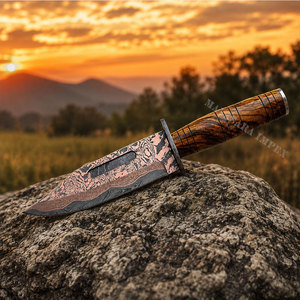 Couteau de chasse artisanal en cuivre damas avec manche en bois de burl exotique, lame fixe, couteau de survie pour le camping, OEM personnalisé - Product Image 4