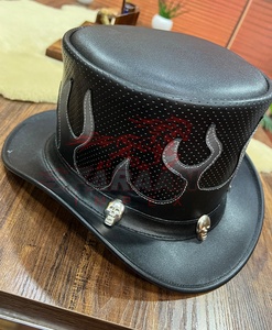 Sombrero de Cuero Negro para Hombre, Estilo Gótico Steampunk, con Calavera y Llamas, Estilo Vaquero Occidental, para Motociclistas, Festivales, Disfraces, Hecho a Mano, Estilo Punk - Product Image 3