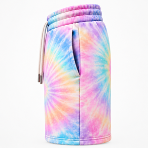 <b>Mens</b> Tie Dye <b>Fleece</b> <b>Shorts</b> Textured Terry Style Embroidery Applique Elastic Waist Drawstring Side Pockets Wholesale OEM Supplier - Product Image 3