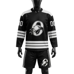 Men Black Sublimated Ice Hockey Jersey Shorts Set Polyester V Neck Printed <b>Athletic</b> Sportswear Team Match Wear Apparel - Product Image 1