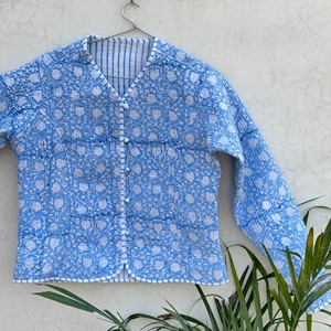Blue Embossed Print V-Neck <b>Cardigan</b> Full Sleeve Cotton Quilted Jacket <b>Spring</b> Outerwear Elegant Women's Coat - Product Image 2