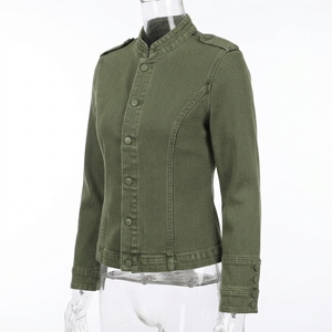 Blouson moto en jean tricoté boutonné pour femme, style vintage, respirant, écologique, col montant uni, coupe ajustée, décontracté rétro, automne - Product Image 5