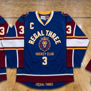 เสื้อฮอกกี้ Regal Three สำหรับผู้ชาย คอวี แขนยาว พิมพ์ลายแบบ Sublimated ชุดฮอกกี้น้ำแข็ง สีน้ำเงิน-เหลือง ระบายเหงื่อได้ดี - Product Image 1