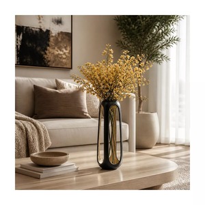 Vase de table minimaliste en métal, finition noir et or, fait main, décoratif, 29 cm de hauteur, digne d'une galerie - Product Image 5
