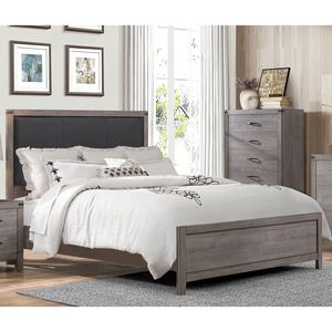 Letto matrimoniale imbottito in similpelle grigio brunastro con testiera dal design industriale, 1 pezzo, mobili per camera da letto - Product Image 3