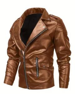แจ็คเก็ตหนังฟูลเกรนลายทางสีดำงาช้างแบบมีซิปเคลือบสำหรับฤดูหนาว - Product Image 1