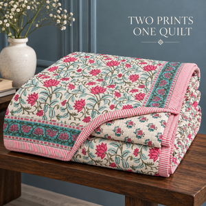Couette imprimée Lotus Garden |   Couette réversible en coton Mulmul avec rembourrage en coton pur de 2 kg et matelassage à la main pour lit double - Product Image 4