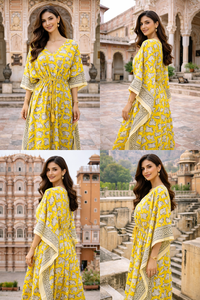 Robe en coton à imprimé éléphant jaune, col en V, longueur cheville, avec ceinture ajustable, tenue décontractée d'été pour femme, robe professionnelle faite à la main - Product Image 4