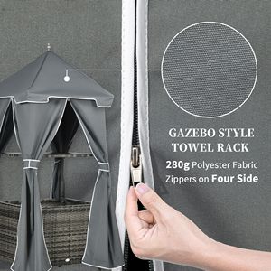 Cesto porta asciugamani grigio in vimini PE effetto rattan con ruote per bordo piscina, con ripiano e cesto portaoggetti per asciugamani - Product Image 6