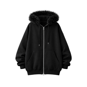 Sweat-shirt à capuche zippé en fourrure noire pour homme, sweat-shirt à capuche oversize en polaire d'hiver, veste décontractée streetwear avec poches - Product Image 1