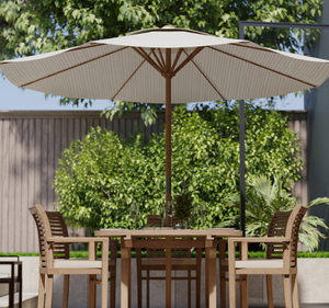 Ensemble de table à manger ronde d'extérieur en teck massif 6 places avec chaises à accoudoirs et trou pour parasol, finition naturelle, meubles de jardin et de terrasse - Product Image 3