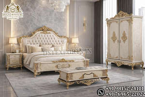 Lit capitonné de style californien King Size en finition argentée, ensemble de lit sculpté à la main avec commode, meubles de chambre à coucher de style antique, Royaume-Uni - Product Image 6