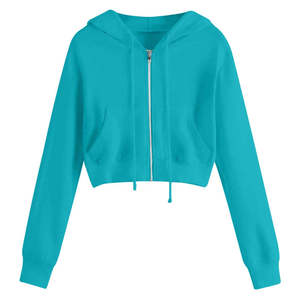 Sweat-shirt à capuche court zippé pour femme, couleur unie, manches longues, pull à capuche en coton doux tricoté, idéal pour l'automne - Product Image 1