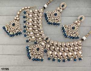 Ping Bling Kundan <b>Bridal</b> Necklace <b>Set</b> with Navy Blue Beaded Drops Statement Choker Earrings Maang Tikka Indian Wedding <b>Jewelry</b> - Product Image 3