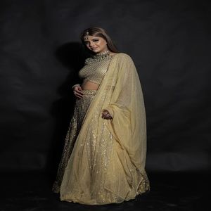 Womens Plus Size | Golden Lehenga Choli | Luxury Bridal Lace | Crystal Embellished | Floor Length A Line | Wedding Outfit Set. - Product Image 2