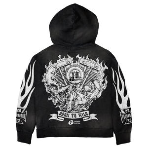 OEM Custom Brand Men's Hooded Sweatshirt <b>Set</b> Black Flame Print Street Style 100% Cotton <b>Knitted</b> Windproof Tracksuit Autumn Wear - Product Image 5