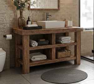 Meuble-lavabo en bois massif finition naturelle avec organisateur ouvert, meuble de salle de bain en bois pour maison moderne - Product Image 3