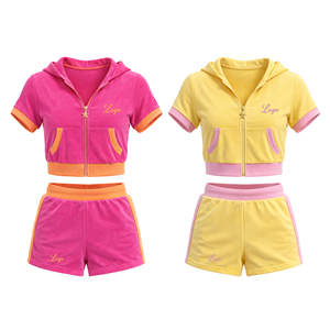 OEM Custom Y2K <b>Women</b> 2 Piece Set <b>Velour</b> Short Sleeve Crop Top Hoodie and Shorts Set Summer <b>Tracksuit</b> Streetwear Lounge Wear - Product Image 1