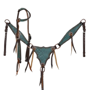 Ensemble de harnais western pour cheval en cuir véritable premium, motif crocodile turquoise, avec têtière à une oreille, collier de poitrée et rênes, Équipement d'équitation EquiElite - Product Image 1