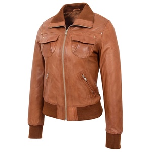 Chaqueta Bomber de piel auténtica de oveja para mujer, cazadora clásica de gran tamaño para invierno - Product Image 4