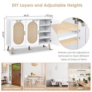 Moderno Armadio Verticale per Scarpe a 3 Ante con Struttura in Truciolato Bianco, Superficie in Legno Naturale e Rattan, Piedini Alti Dorati - Product Image 2