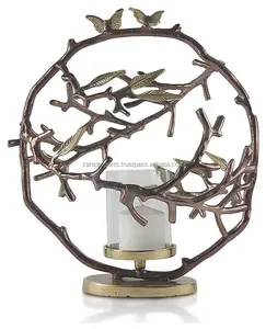 Round Metal Candle Holder with <b>Tree</b> <b>Branch</b> Design and Birds for Home Decoration - Product Image 1
