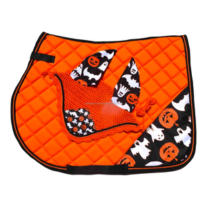 Custom All-Season English Style HALLOWEEN ORANGE GHOST PUMPKIN PRINT SILK HAT MATCHING SET <b>CHEAP</b> PRICE SADDLE <b>PAD</b> - Product Image 2