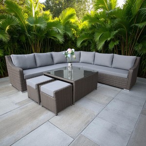 Juego de Muebles de Patio de Mimbre Resistente a la Intemperie PRSF-ATV2, Sofá Modular de Esquina de Ratán con Mesa de Centro Rectangular - Product Image 1