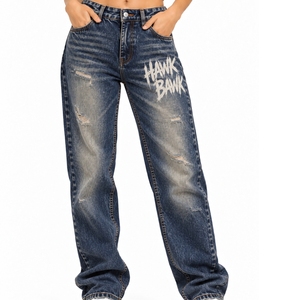 Jean en denim stretch délavé et déchiré pour femme, coupe slim, style vintage streetwear, longueur intégrale - Product Image 1
