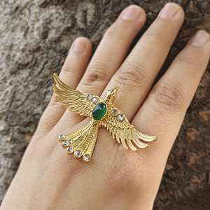 แหวนปรับขนาดได้ลายนกอินทรีชุบทอง 18k ประดับด้วยคริสตัลควอตซ์สีเขียวขนาดเล็กและคริสตัล CZ สไตล์ฟีนิกซ์ เหมาะสำหรับเป็นของขวัญสำหรับทุกเพศ - Product Image 2