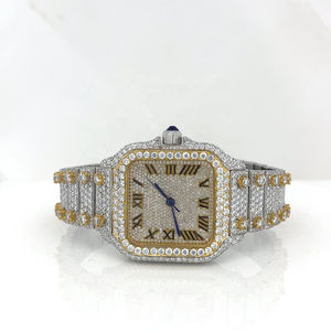 Boîtier carré en acier inoxydable argenté de qualité supérieure, mouvements suisses, diamants Moissanite entièrement sertis, montre mécanique personnalisée avec date, style Hip Hop - Product Image 1
