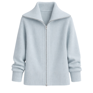 Chaqueta de punto con cremallera para mujer, textura acanalada suave, manga larga, cuello ancho, informal, ligera, para uso diario - Product Image 1