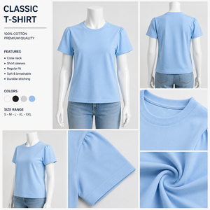 Camiseta de Cuello Redondo Azul Claro para Mujer, Manga Abullonada, Color Sólido, Informal, Tejida, Transpirable, Primavera Verano, Corte Regular - Product Image 5