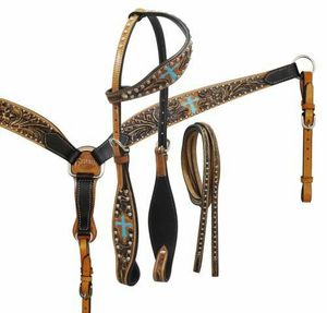 Conjunto de Brida y Silla de Montar Occidental de Cuero Hecho a Mano de Alta Calidad con Cuerda, Halter y Incrustaciones de Cruz Turquesa, Accesorios para Equitación - Product Image 1