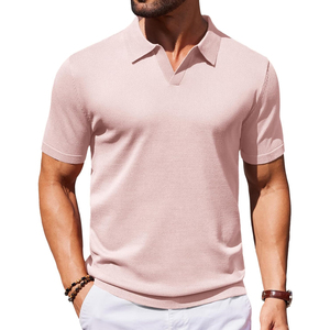 Polo à manches courtes en tricot gris clair pour homme, décontracté, couleur unie, respirant, coupe classique, tissu en coton - Product Image 4