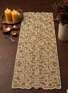 Chemin de table vintage en tissu, rectangulaire, fait main, motif orné, or et blanc, tapis décoratif - Product Image 3