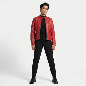 Chaqueta de moto de cuero genuino rojo para hombre, cuello alto, cierre de cremallera, corte regular, color sólido, estilo motero, para otoño - Product Image 6