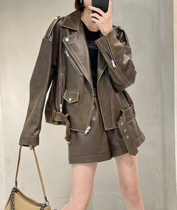 Veste de motard rétro surdimensionnée en cuir véritable grande taille à la mode pour femmes dames Style coran grandes vestes Europe automne - Product Image 6