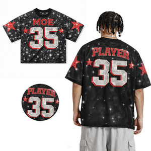 Camiseta de fútbol americano de lujo con malla de diamantes de imitación, logotipo personalizado, talla grande, OEM, producción de ropa urbana personalizable al por mayor - Product Image 1