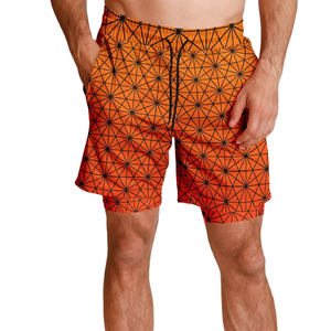 Shorts de bain pour homme à séchage rapide, imprimé géométrique orange, avec poches et cordon de serrage à la taille, style décontracté - Product Image 1