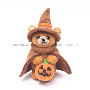Handmade <b>Felt</b> Brown Teddy Bear Halloween Decoration with Hat Coat & Pumpkin | Cute Mini Plush Gift Toy - Product Image 1