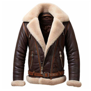Veste de moto en cuir d'agneau pour homme avec doublure en fourrure, chaude et épaisse pour l'hiver, style motard, coupe classique, fermeture à ceinture - Product Image 5