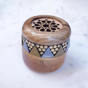 Round Shape Wooden <b>Incense</b> Burner <b>Box</b> Featuring Blue Mosaic Floral Print Band And Openwork Geometric Lattice Carved Lid - Product Image 2
