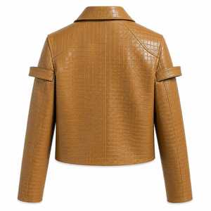 Veste en cuir gaufré croco pour femme, marron, en cuir de crocodile véritable, coupe courte, faite à la main, tendance - Product Image 2