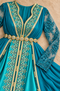 Caftán Marroquí Elegante y Transpirable con Bordado Dorado, Manga Larga, Espalda Drapeada, Maxi, 100% Poliéster para Mujer, Ropa de Fiesta y Noche - Product Image 6