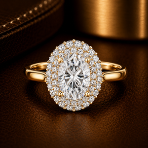 Bague de mariage en or jaune 14K 18K avec double halo de diamants ovales de laboratoire, certifiés DEF VVS IGI, style grappe, vente en gros OEM - Product Image 1