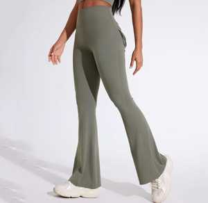 High Waist <b>Flared</b> <b>Leggings</b> Full Length Solid Blue Knitted Stretch Fabric With Pockets All Seasons Women's Style - Product Image 1