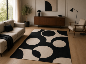 Alfombra de Lana Hecha a Mano Personalizada, Estilo Moderno Bauhaus, Círculos Geométricos, Color Negro Crema, Alfombra de Mediados de Siglo para Sala de Estar, Alfombra OEM - Product Image 3