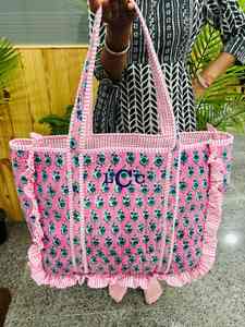 Indian hand block cotton quilted frill tote bag personalized Embroidery bride <b>name</b> gift tote bag boho stylish pool carry on bag - Product Image 3